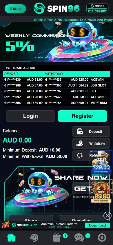 Spin96 Casino home page on a mobile browser
