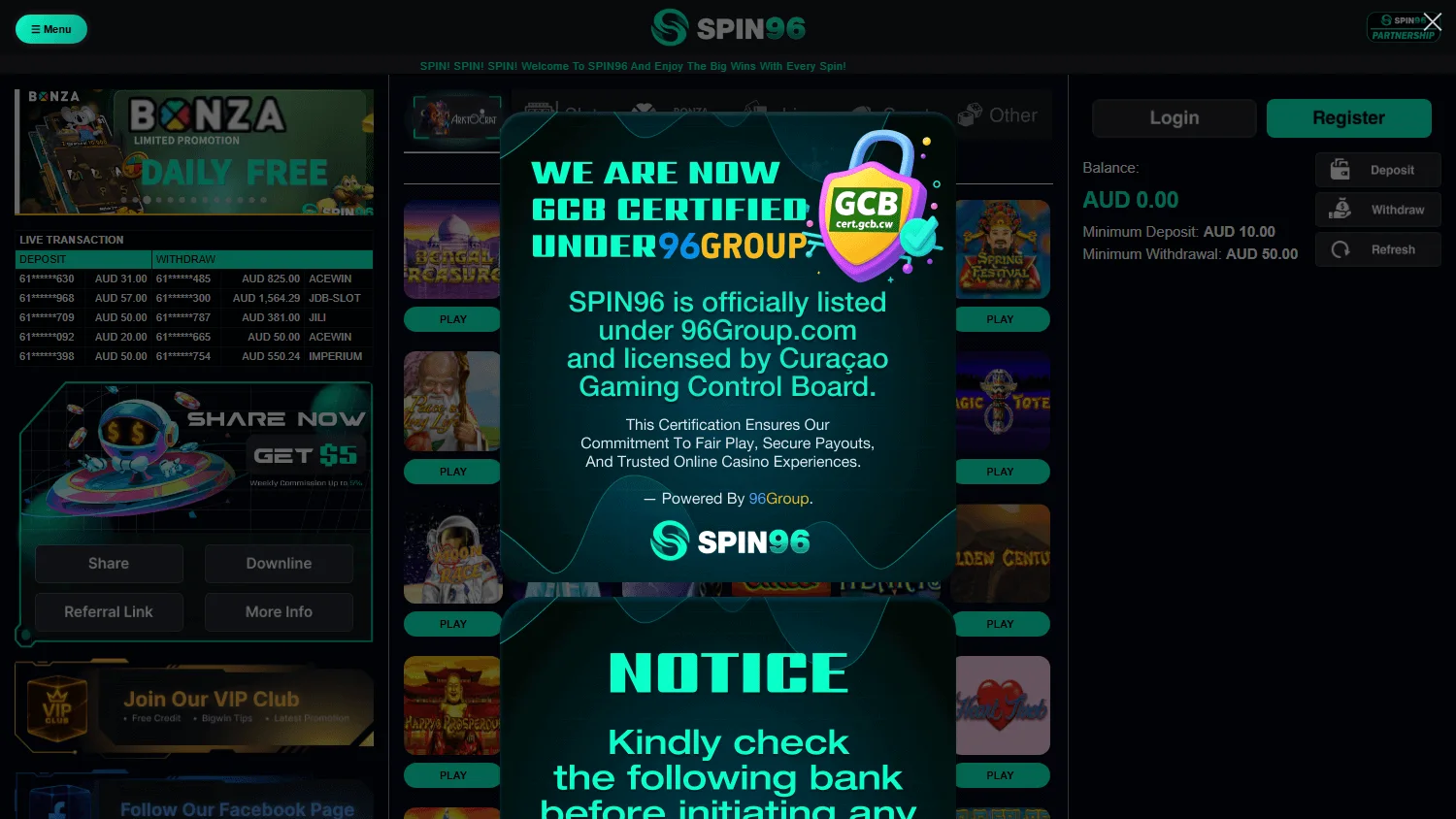 Spin96 Casino home page on a desktop browser