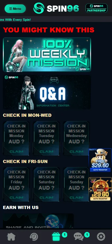Spin96 Casino promotions on a mobile browser